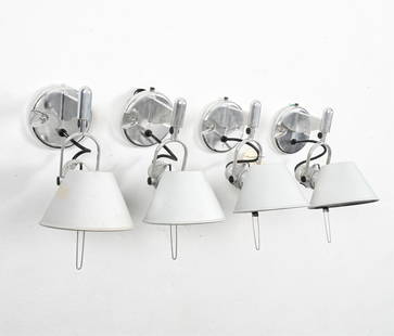 (4) LUCCHI & FASSINA FOR ARTEMIDE TOLOMEO SCONCES: Set of (4) Faretto Spot Wall sconces from the "Tolomeo" series, designed by Michele De Lucchi and Giancarlo Fassina for Artemide. Labeled on sockets. Dimensions: (As shown) H 9.25" x W 6" x D 10.5" Co