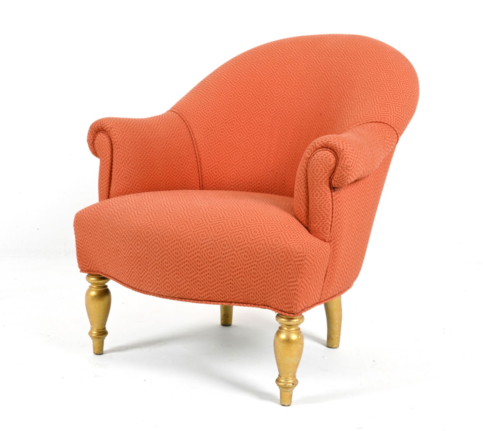 REBECCA MOSES CUSTOM ROLLED-ARM LOUNGE CHAIR: Custom-upholstered in geometric embroidered cotton fabric, with gold-finished legs. Dimensions: H 33" x W 30" x D 32" x SH 15.5" Condition: Presents very well overall. Fabric appears clean, with minim