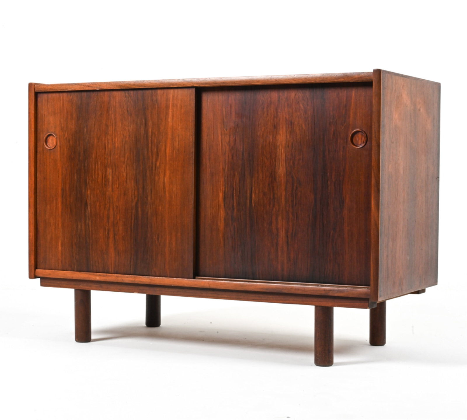 DANISH MID-CENTURY ROSEWOOD CREDENZA, C. 1960'S: Dimensions: H 27.25" x W 39.5" x D 17.5" Condition: Some sun fading to top. A few nicks to veneer on doors. A few scattered dings, scuffs, and water spots. J006