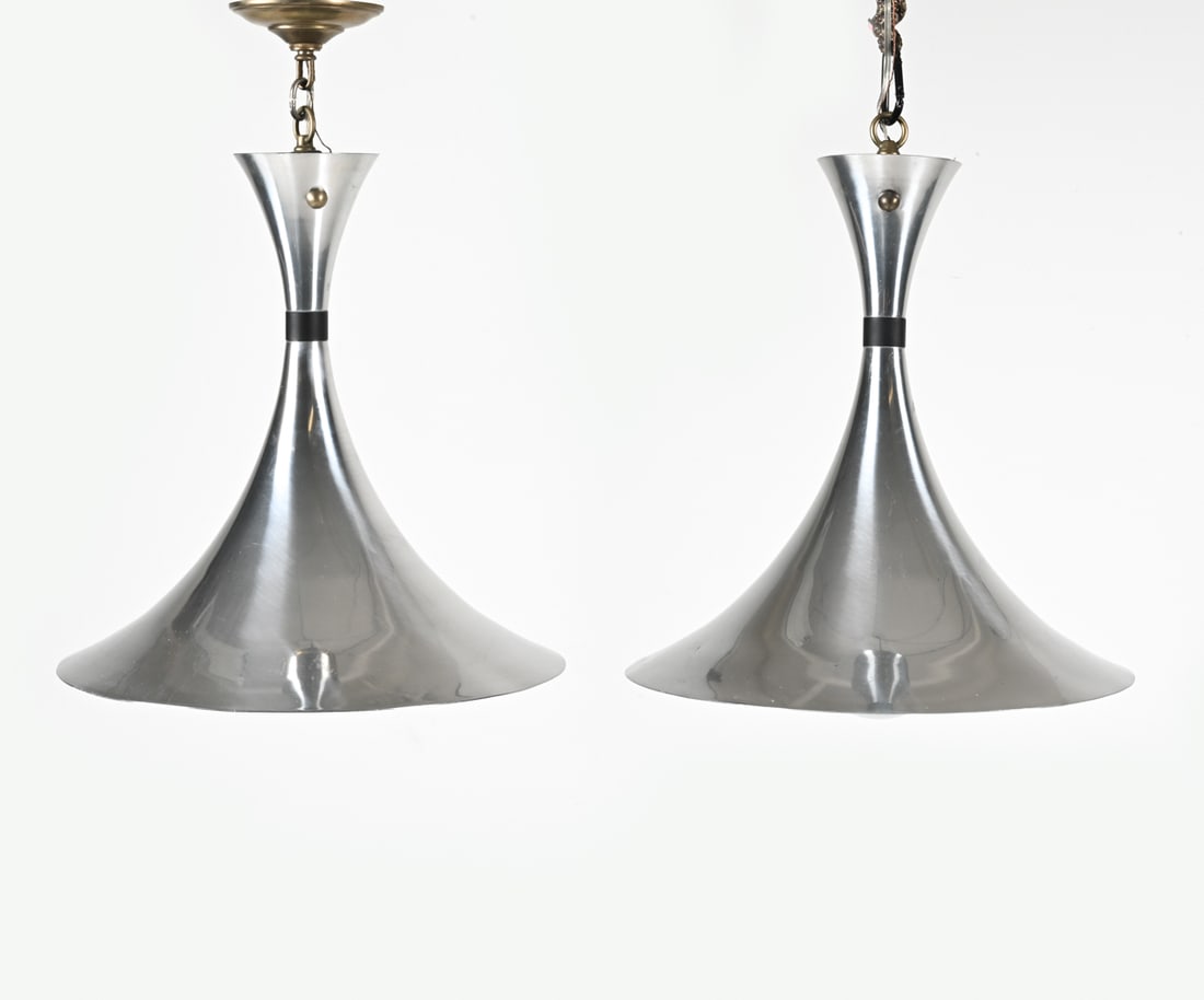 PAIR OF LARGE SPACE AGE ALUMINUM PENDANT LIGHTS: Apparently unsigned; in the style of Bent Nordsted for Lyskaer; c. 1970's. Dimensions: (Fixture only) H (to hanging loop) 20" x D 18" ; Overall height (including fixture, chain and canopy) 24" Conditi