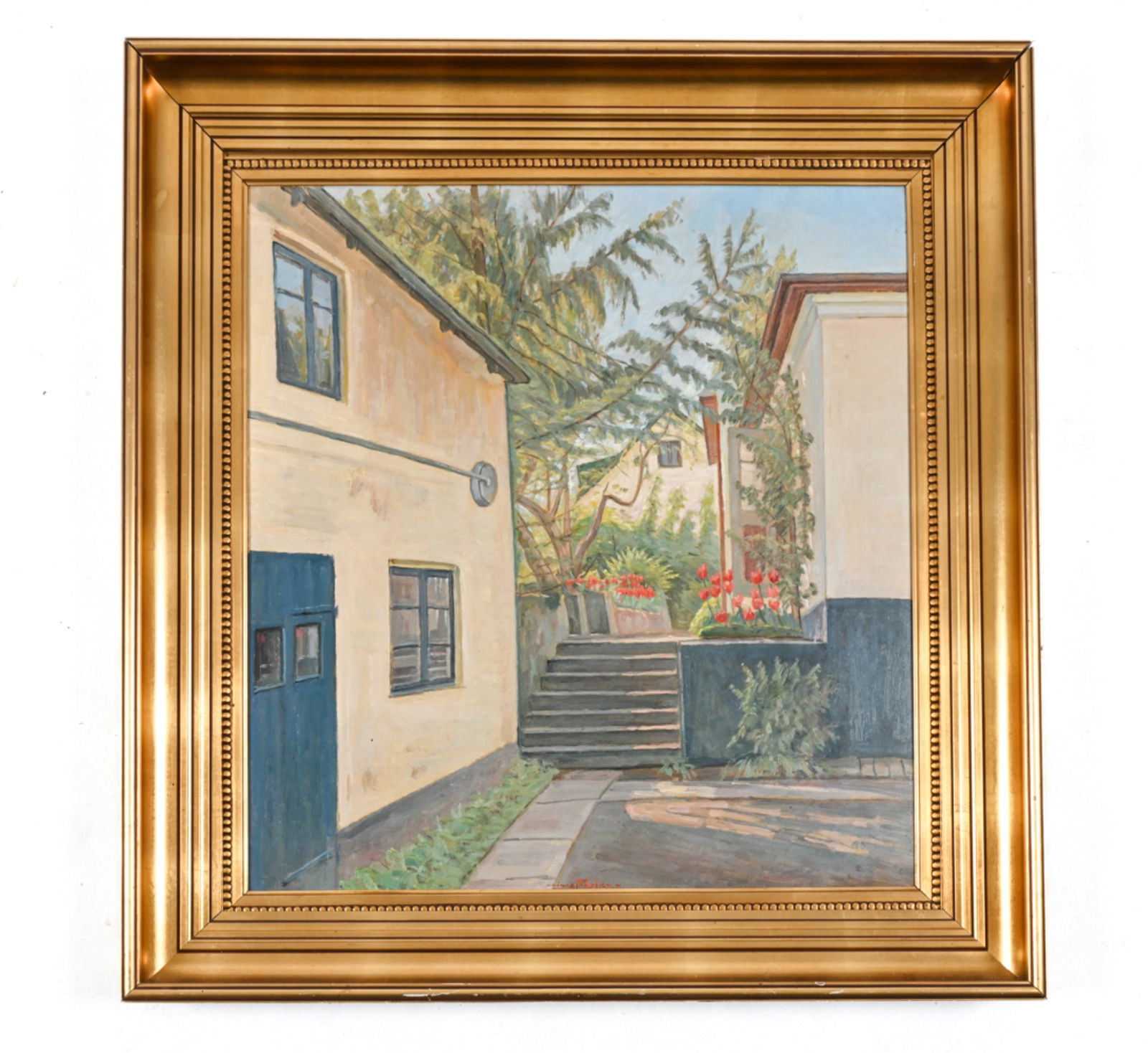 EINAR PARSLEV, DANISH (1891-1977) O/M: Oil on masonite, signed lower center. Dimensions: (Frame) H 32.25" x W 30.5" ; (Painting) H 25.5" x W 23.5" Condition: Painting with light surface grime. Corner separation, nicks and dings to frame.