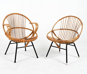 PAIR ROHE NOORDWOLDE DUTCH RATTAN HOOP CHAIRS: Rattan and metal. Netherlands, c. 1960's. Dimensions: H 28.75" x W 22" x D 19" x SH 15" Condition: Wear with consistent with age and use. PD167