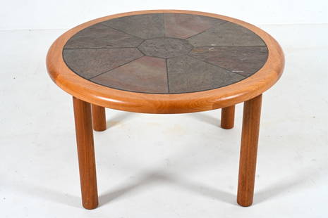 TUE POULSEN FOR HASLEV TEAK & SLATE COFFEE TABLE: Signed Haslev underneath. Denmark, c. 1960's. Dimensions: H 19.5" x Dia. 34" Condition: Wear with consistent age and use. moderate scuffing to the legs. PD104