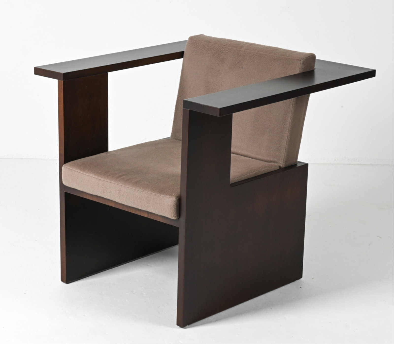 ANA MEIER ARCHITECTURAL LOUNGE CHAIR: Dimensions: H 30" x W 31.5" x D 31.5" x SH (with cushion) 17.5" Condition: In excellent used condition overall; a few spots of faint discoloration to fabric; a few small nicks to frame.
