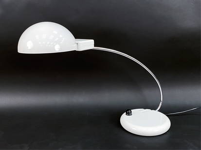 BRUNO GECCHELIN TABLE LAMP FOR O-LUCE DOGALE: Bruno Gecchelin table/desk lamp for Giuseppe Ostuni of O-Luce Dogale. Glass shade, chrome and plastic. Dimensions: H 16" x W 27" x D 9" Condition: Minor surface wear and scratches consistent with age