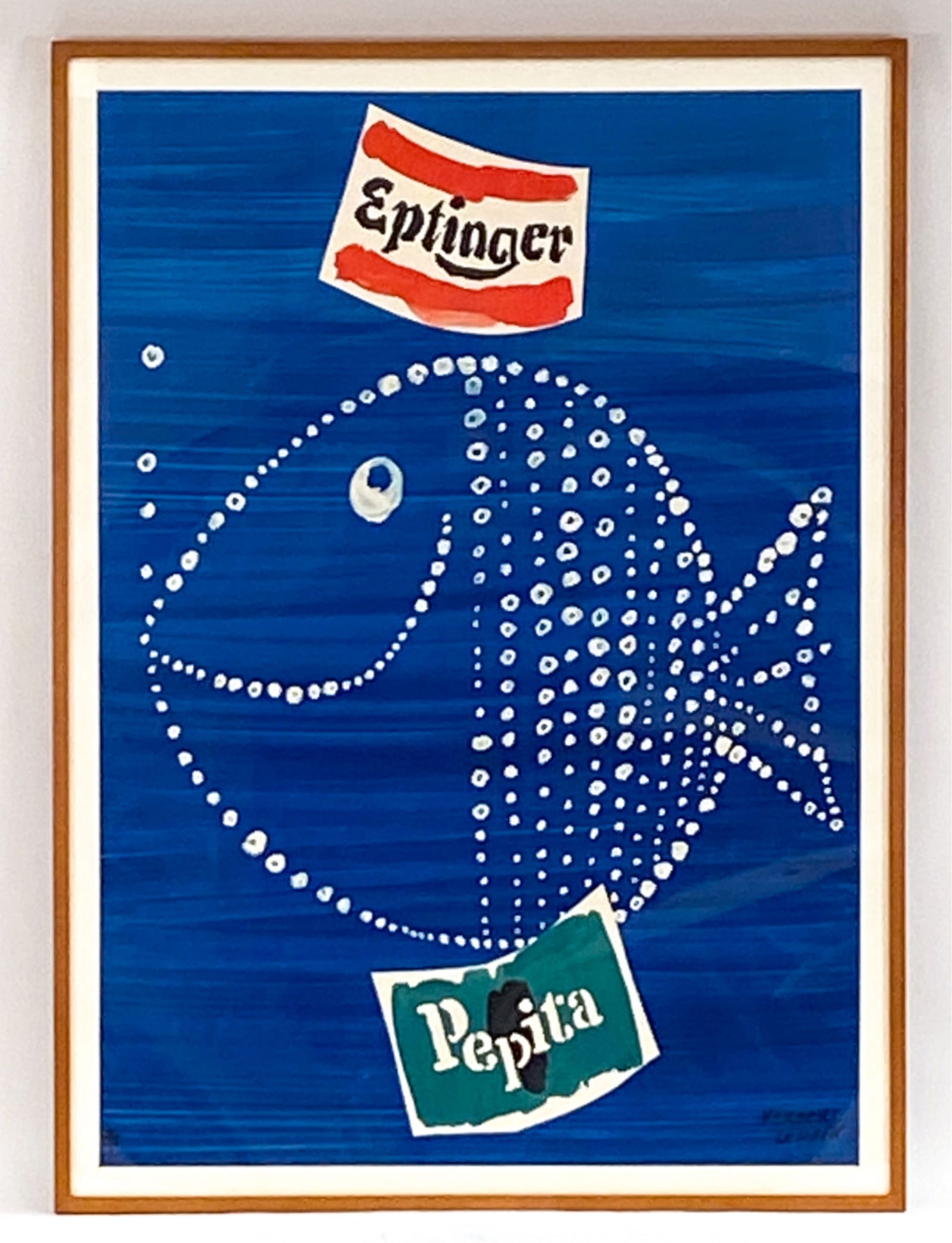 HERBERT LEUPIN 1950S SWISS POSTER: Bold design for Eptinger Pepita. Dimensions: (Frame) H 53.5" x W 39.5" Condition: Framed with plexiglass. Good strong colors. Appears to have some light surface marks.