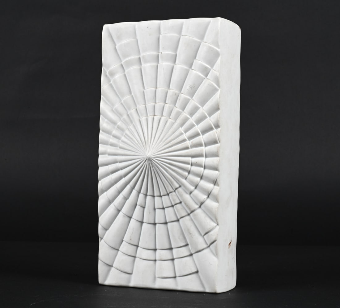 RHEINPFALZ GERMAN MODERN BISQUEWARE VASE: White bisque porcelain. Signed Rheinpfalz underneath. Germany, c. 1970's. Dimensions: H 9.75" x W 5" x D 4.5" Condition: Light surface grime, a few minor scuffs. No chips or cracks to porcelain. PD014