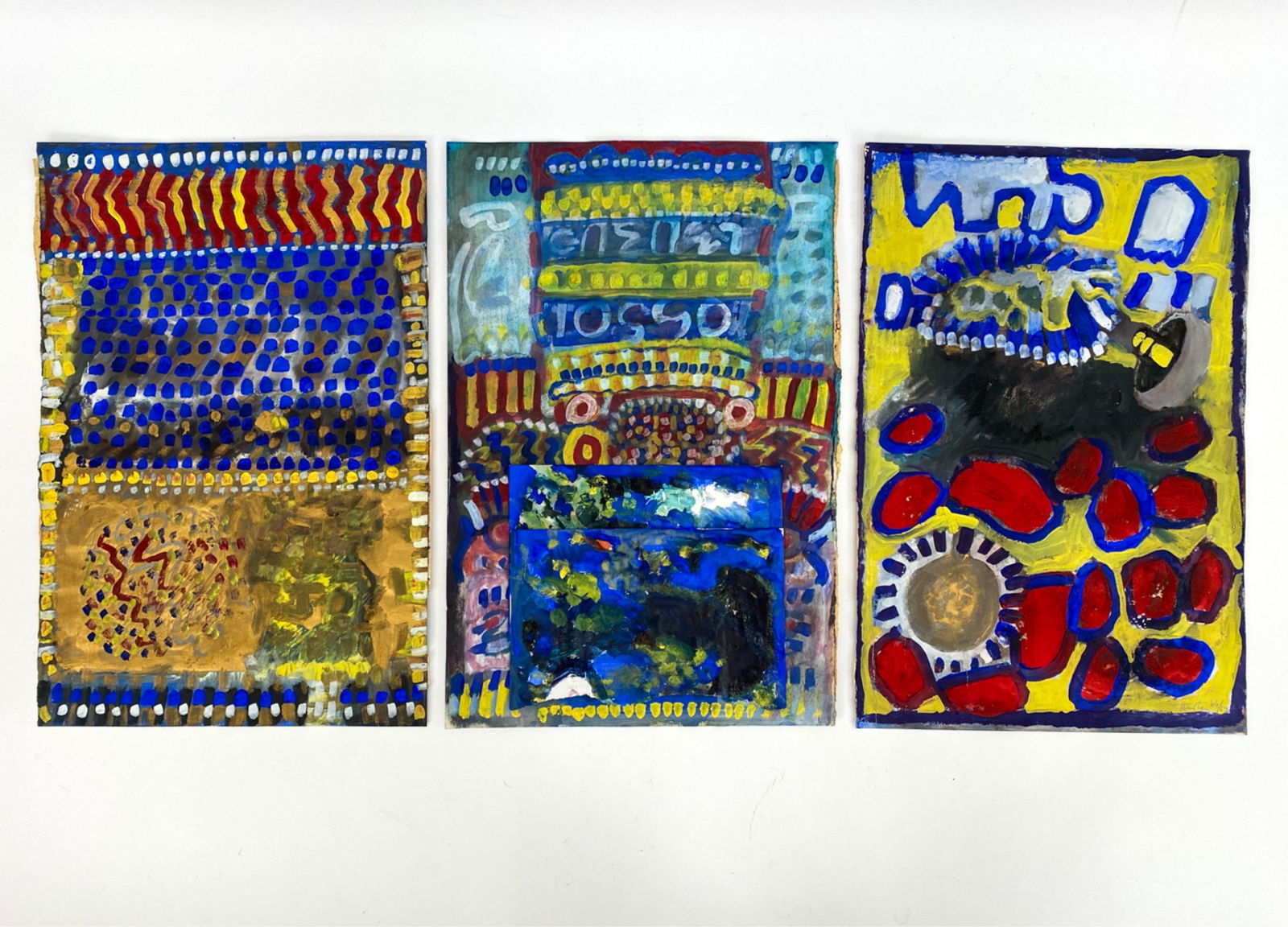 (3) MID-CENTURY MIXED MEDIA ON PAPER: Possibly a triptych. Indistinctly signed and dated 66/67. Paper with gouache metallic paint and collage. Dimensions: L 18" x W 12.25" Condition: Appear to have taped together at some point. Some spots