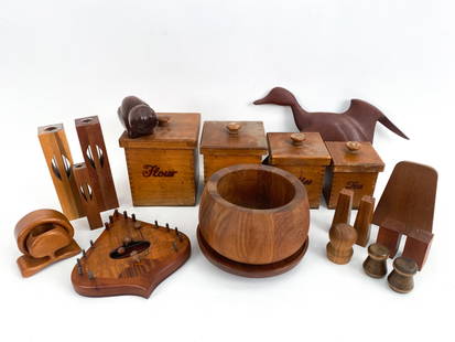 MID-CENTURY WOODEN DECORATIVE GROUPING: Mid-Century wood grouping including a Danish Modern teak bookend attributed to Kai Kristiansen, Arne Basse carved teak duck, Dansk, Gary Upton, Woodcroftery canister set, Richard Rothbard trinket box