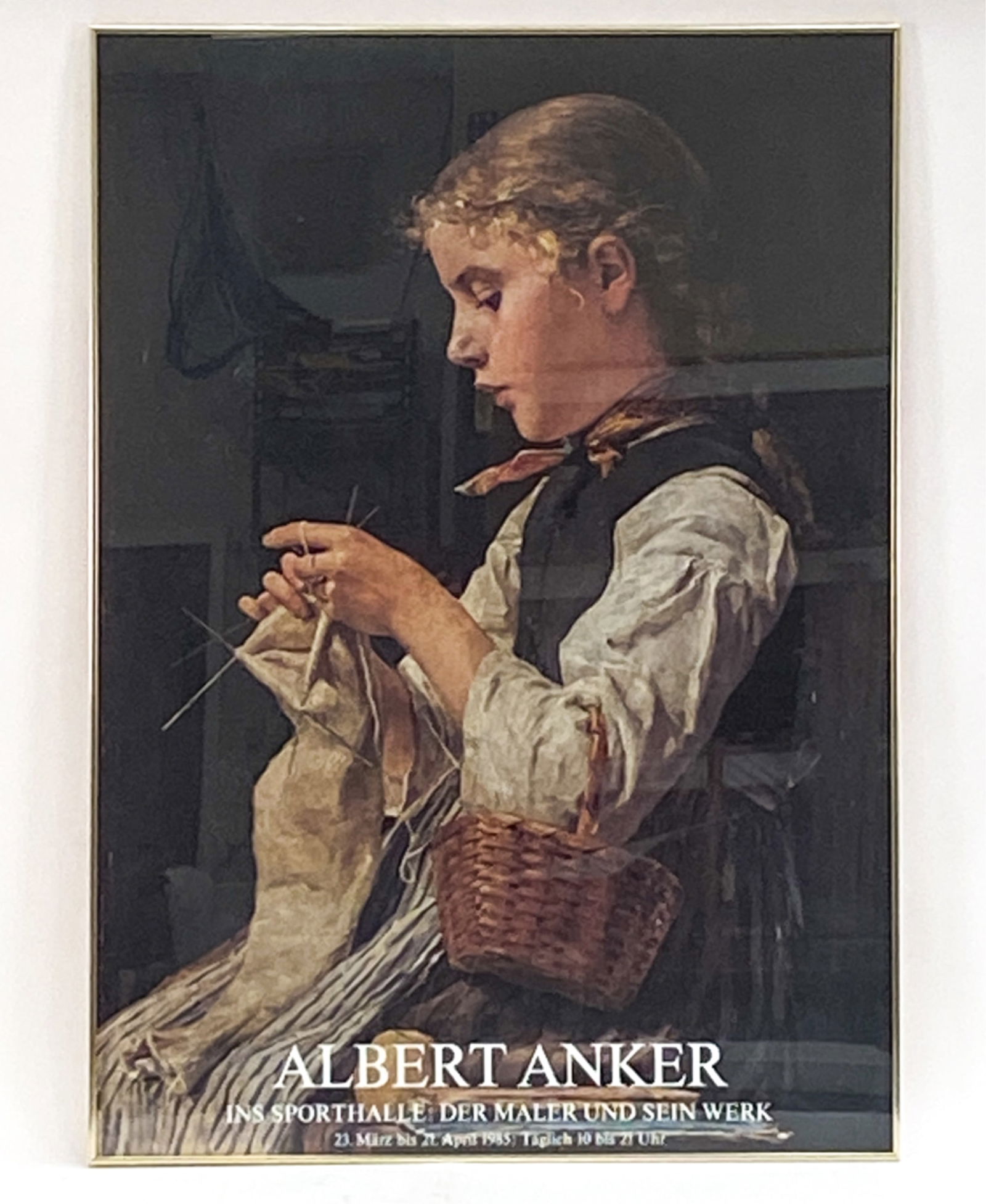 OVERSIZED ALBERT ANKER EXHIBITION POSTER: For 1985 exhibition. Framed with glass. Dimensions: (Frame) H 50.5" x W 36" Condition: Surface marks under the glass.