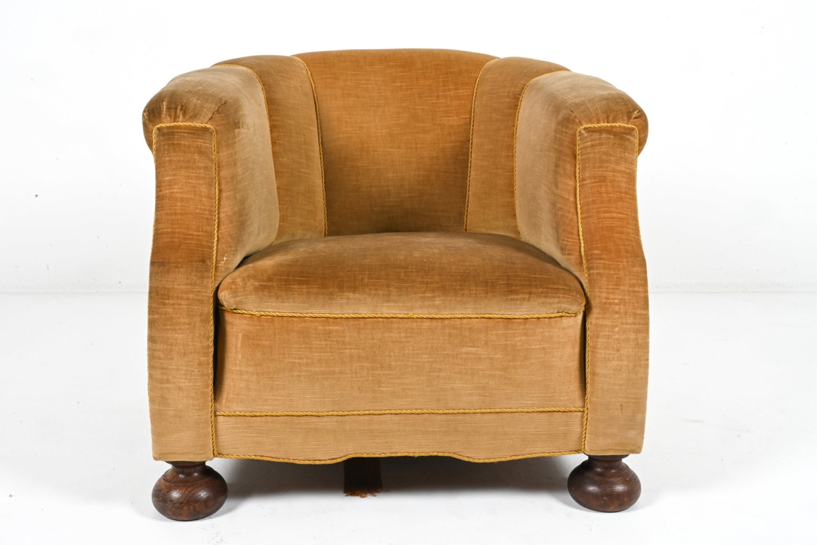DANISH OAK & MOHAIR VELVET CLUB CHAIR, C. 1940: Lovely lounge chair in mohair velvet, with channeled back and oak bun feet. In the style of Viggo Boesen. Danish, circa 1940. Dimensions: H 25.25" x W 33.25" x D 33.5" x SH 16.25". Condition: Fabric w