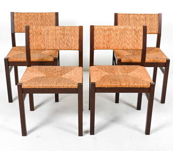 (4) MANNER OF MARTIN VISSER WENGE DINING CHAIRS: Suite of (4) dining side chairs in wenge wood and woven rush. In the manner of Martin Visser for 't Spectrum. Dutch, circa 1960. Dimensions: H 29.75" x W 18.5" x D 17.5" x SH 17.25". Condition: Minor