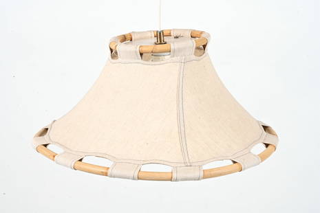 ANNA EHRNER BAMBOO & CANVAS PENDANT LIGHT, C. 1970: "Anna" Series pendant lamp in bamboo and canvas. Designed by Anna Ehrner for Atelje Lyktan, Sweden. c. Late 20th Century. Dimensions: (Shade only) H 10" x Dia. 20.5 " ; Overall height (including shade