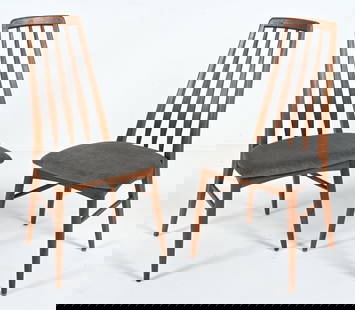 PAIR OF NIELS KOEFOED DANISH TEAK "EVA" CHAIRS: Pair of "Eva" high-back side chairs in teak and gray fabric, designed by Niels Koefoed for Koefoeds Hornslet, Denmark; c. 1960's. Dimensions: H 38" x W 18.5" x D 17" SH 18". Condition: Minor scuffs an