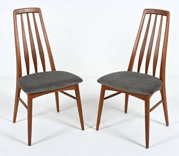 PAIR OF NIELS KOEFOED DANISH TEAK "EVA" CHAIRS: Pair of "Eva" high-back side chairs in teak and gray fabric, designed by Niels Koefoed for Koefoeds Hornslet, Denmark; c. 1960's. Dimensions: H 38" x W 18.5" x D 17" SH 18". Condition: Minor scuffs