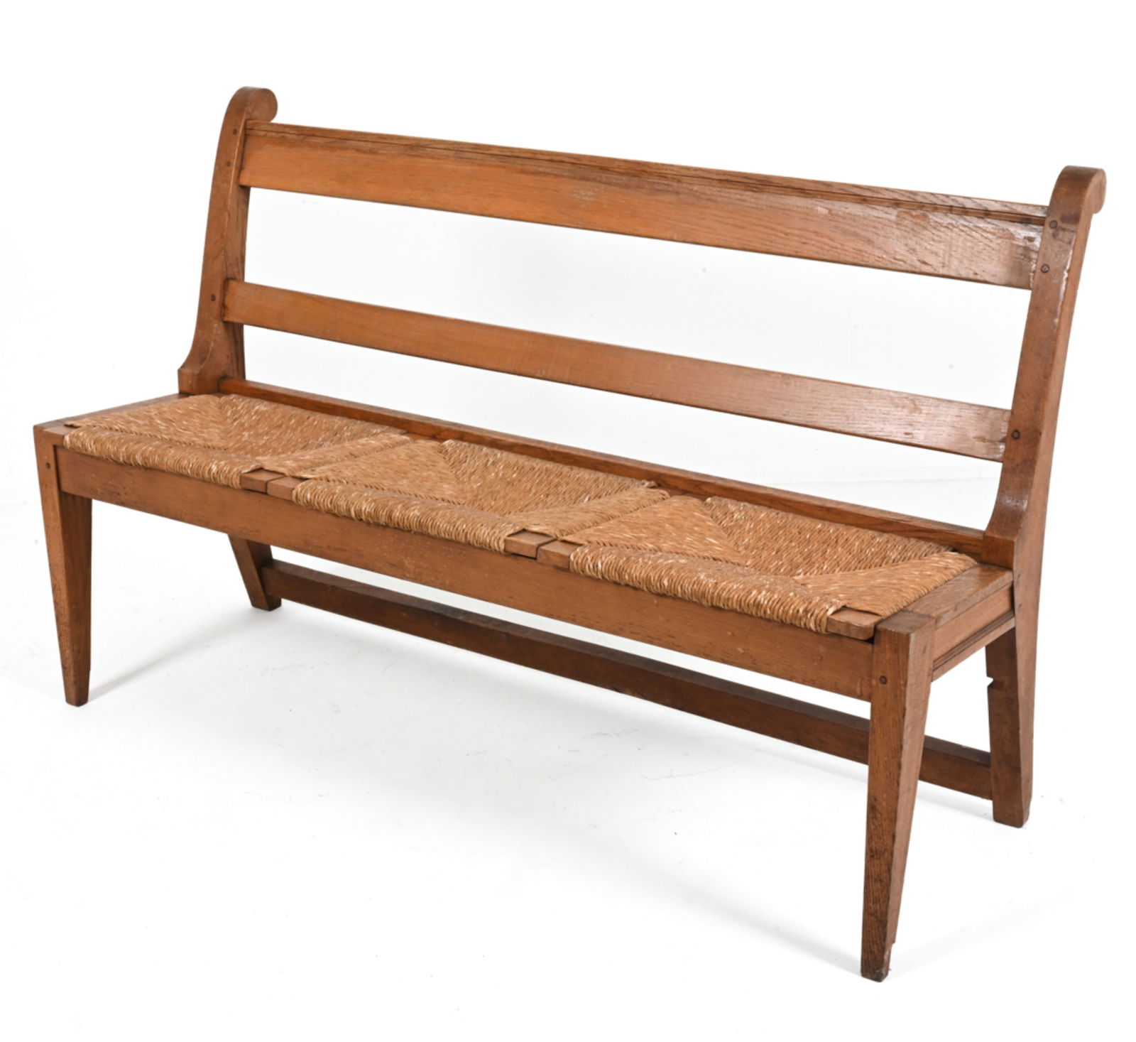 MANNER OF MARTIN VISSER DUTCH OAK & RUSH PEW BENCH: Vintage oak and rush bench in the style of Martin Visser. Probably used as a church pew. Dutch, circa 1930's. Dimensions: H 36" x W 57.25" x D 20.5". Condition: Surface wear includes stress cracking,