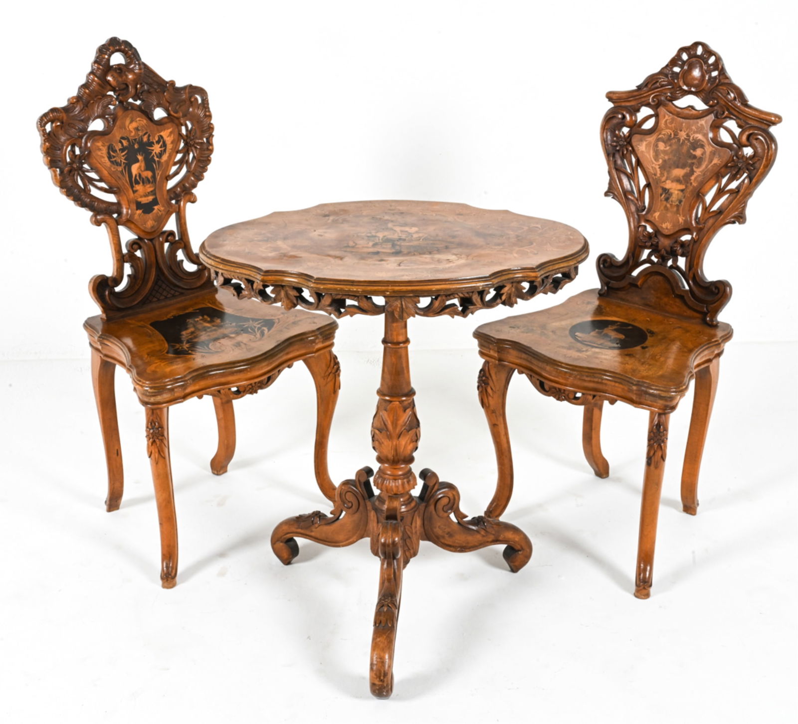 19TH C. CONTINENTAL CARVED & INLAID HUNTING SUITE (1 of 18)