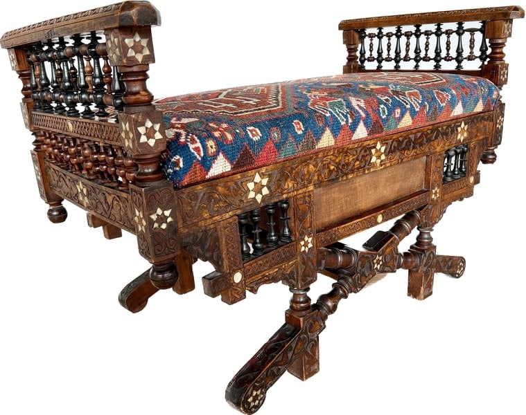 ANTIQUE DAMASCUS INLAID BENCH W/ PERSIAN KILIM (1 of 20)
