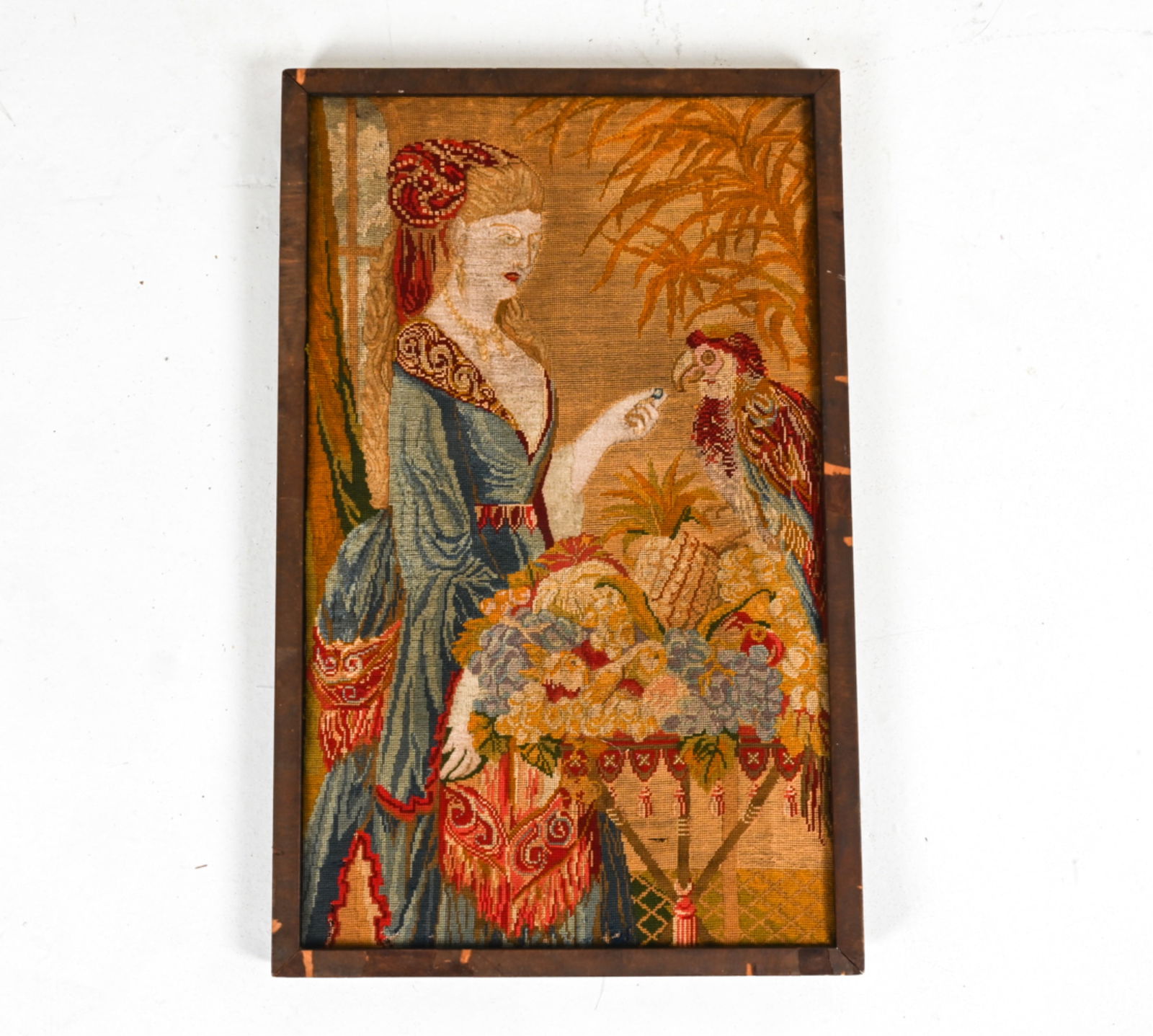 ANTIQUE NEEDLEWORK PORTRAIT WOMAN WITH BIRD (1 of 7)