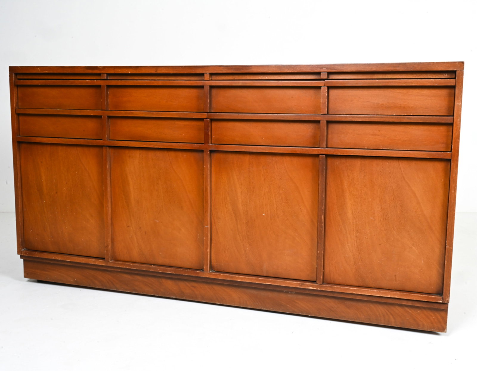 SLIGH FURNITURE MID-CENTURY SIDEBOARD: Sideboard. Stamped "Sligh Furniture" inside top right drawer. Dimensions: H 34" x W 64" x D 23" Condition: Scattered nicks, dings and scuffs; a few small paint drips. Surface wear consistent with age 