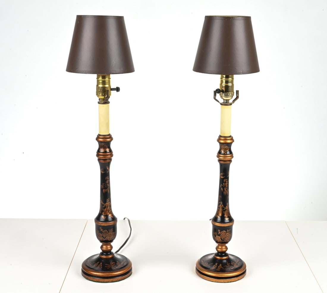 PAIR OF CHINOISERIE LACQUER CANDLESTICK LAMPS: Turned wood, with lacquer and gilt enamel decoration. Late 20th Century. Dimensions: (Without shades) H 19.75" x Dia. 5". Condition: Wiring untested. Minor toning to faux-candles, a few rubs to lacque