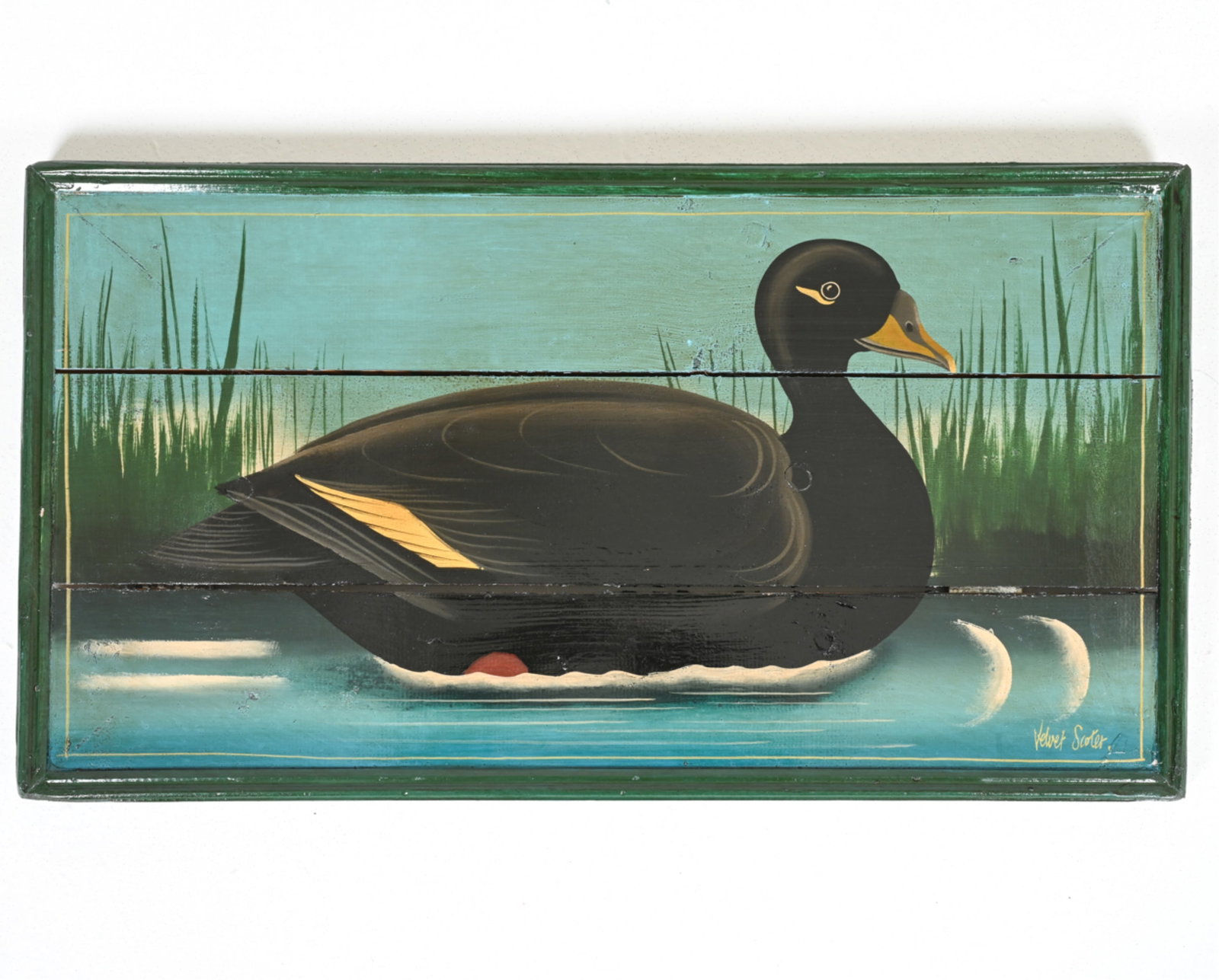 FOLK ART-STYLE DUCK PAINTING ON PANEL: Titled 'Velvet Scoter' in lower right. On wood panel. Dimensions: H 16.25" x W 30". Condition: Small chip to finish on left side of frame. No other issues to note.