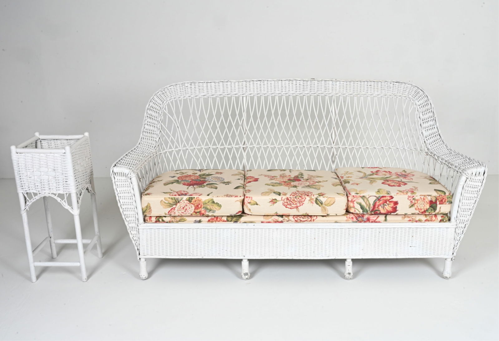 PAINTED RATTAN WICKER SOFA & PLANT STAND (1 of 14)