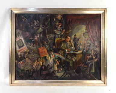 DON FREEMAN (1908-1978) LARGE O/C PAINTING: Signed and dated 1939 upper right. Dimensions: (Frame) H 42.5" x W 51"; (Painting, approx.) H 36.5" x W 46". Condition: Previously relined and reframed. Minor crazing to paint, light surface dust. A f