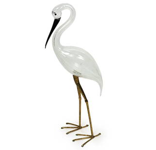 OSCAR ZANETTI GLASS HERON SCULPTURE: Blown glass heron sculpture with incised metal legs. Dimensions: H 25" x W 8.25" x D 9.5". Condition: No issues to note.