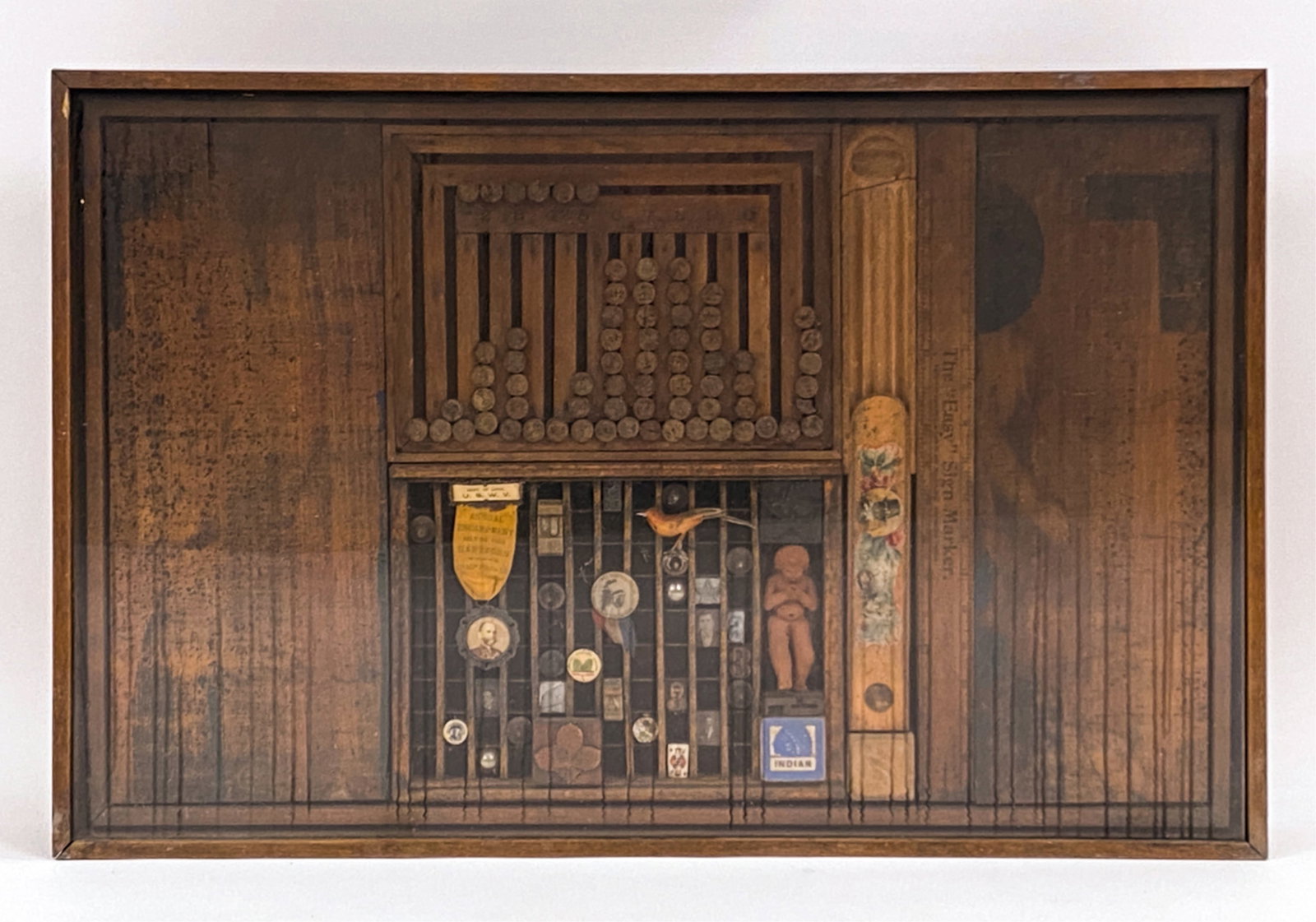 FRED OTNES JR. (1930-2015) ABSTRACT MIXED MEDIA: Construction of wood and metal objects, frame glass with painted drips on the interior, intentional. Shadowbox frame. Signed, dated '77 verso. Dimensions: (Frame) H 20.5" x W 31.5" x D 4" Condition: D