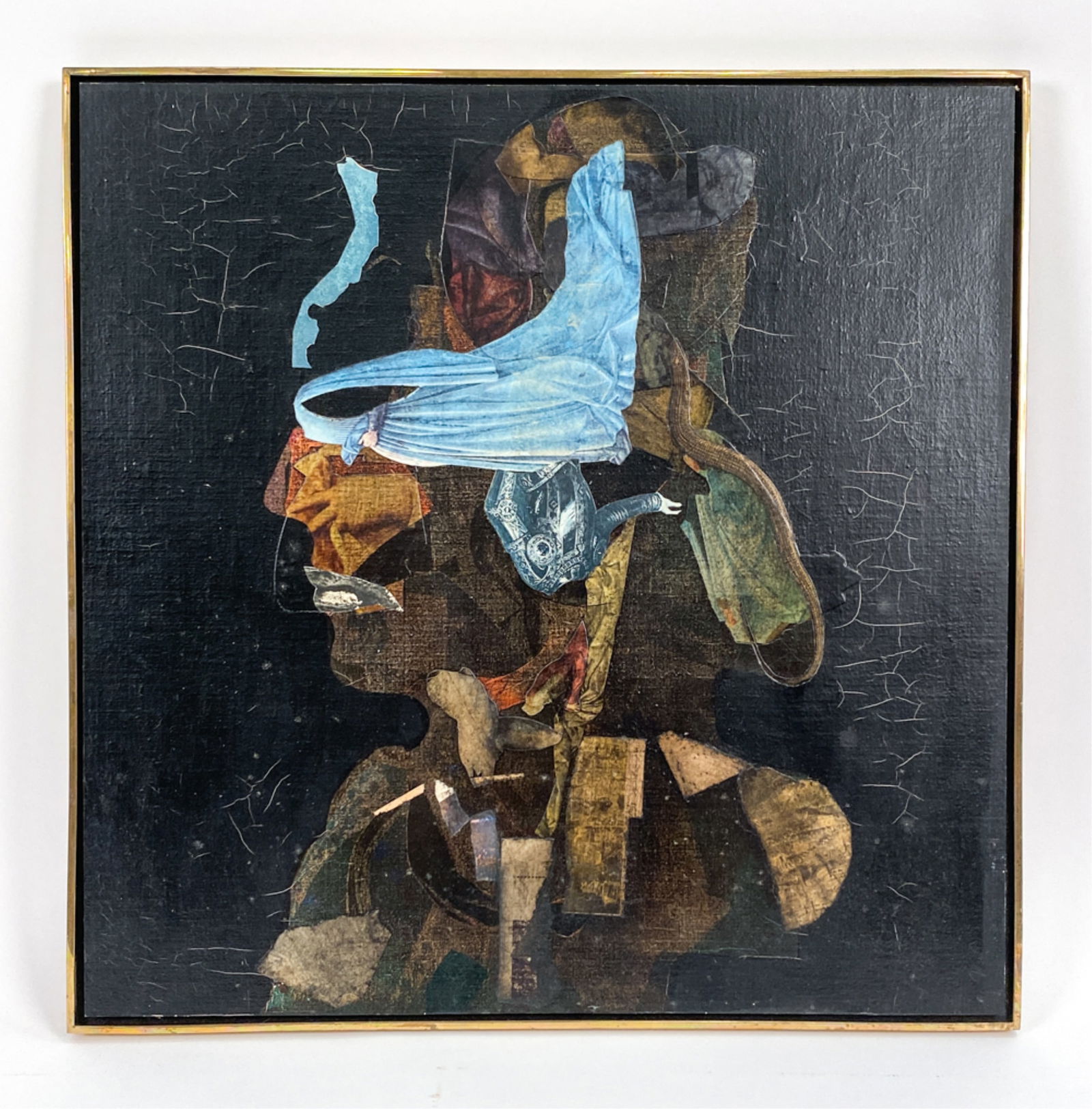 FRED OTNES JR. (1930-2015) OIL & COLLAGE: Oil and collage on canvas, laid on board. Signed, titled "Collage Head With Black," dated 1987 verso. Dimensions: (Frame) H 21.5" x W 21.5" Condition: Crazing to black background. Provenance: Collecti