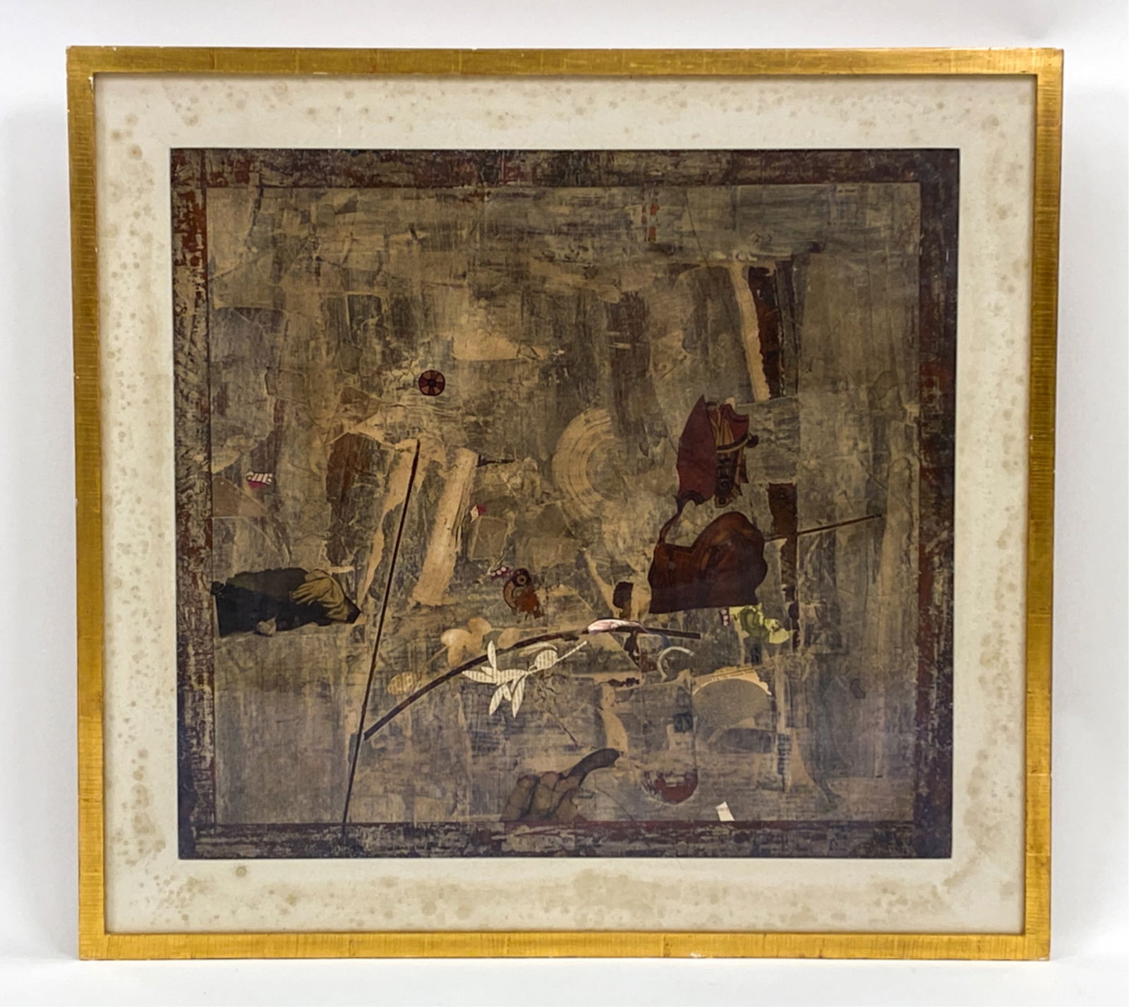FRED OTNES JR. (1930-2015) ABSTRACT MIXED MEDIA: Mixed media collage. Signed lower right. Titled "Compounded," dated 1996 verso. Dimensions: (Frame) H 34.75" x W 36.5" Condition: Staining to mat. Some marks to the frame. Provenance: Collection of th