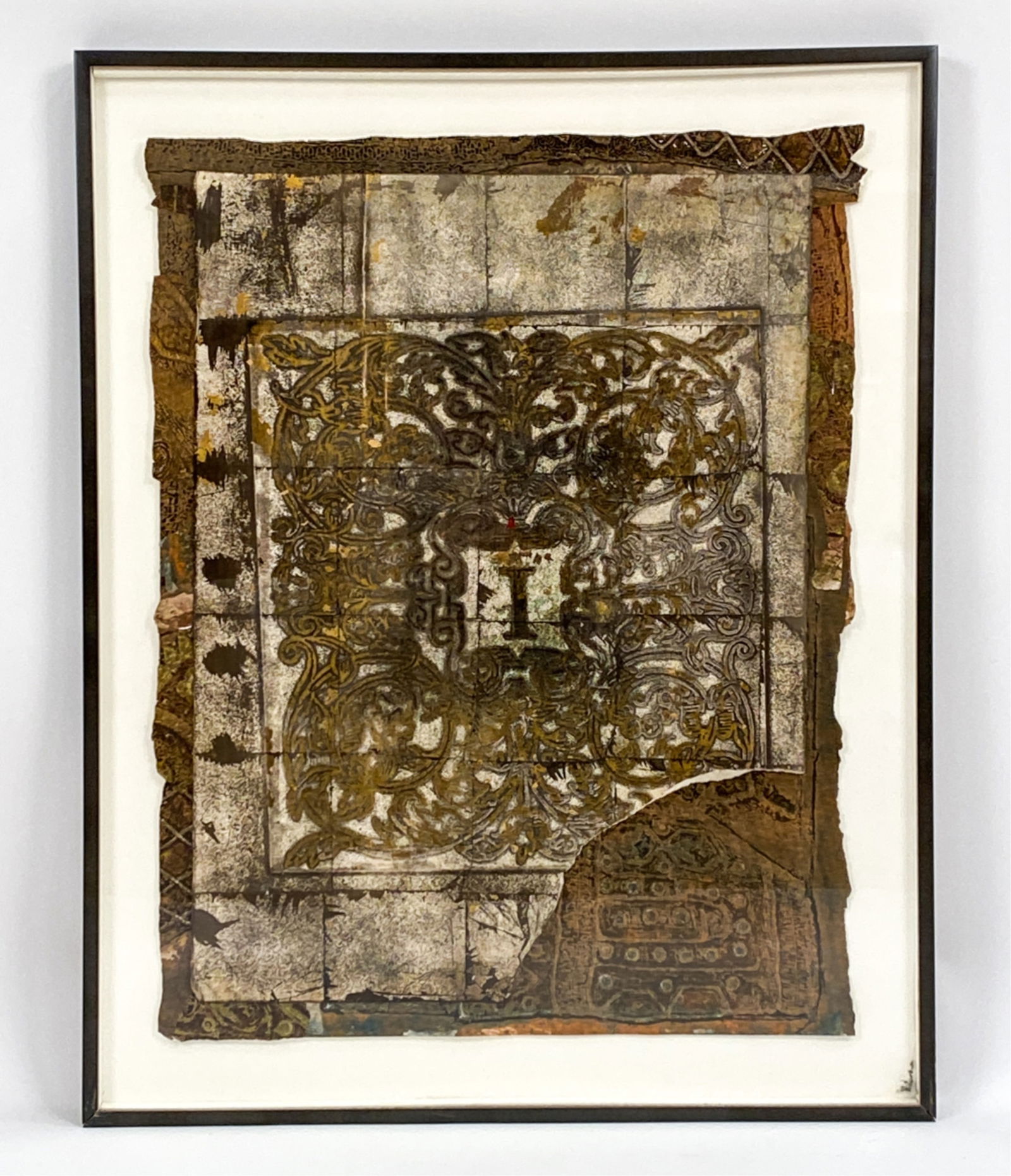 FRED OTNES JR. (1930-2015) ABSTRACT MONOPRINT: Monoprint mounted on collage. Signed, dated '02, titled "The I Panel." Dimensions: (Frame) H 39" x W 30.75" Condition: Some old water staining lower right corner of backing. Some frame damage lower ri