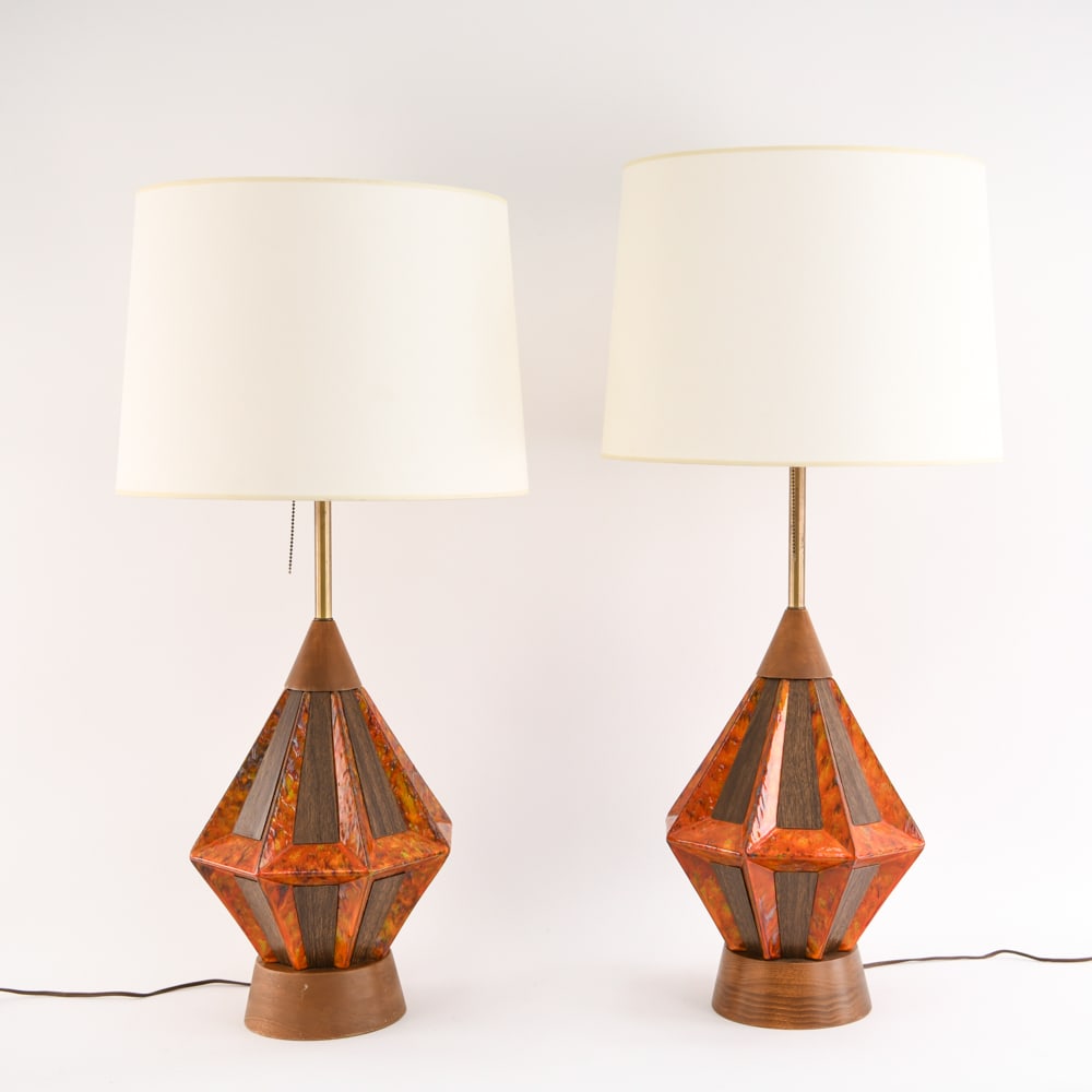 MONUMENTAL MID-CENTURY CERAMIC OCTAGONAL LAMPS: Marbled ceramic with teak accents. Shades not included. Dimensions: (To finial) H 37.25" x D 16" Condition: No finials. Few small glaze chips.