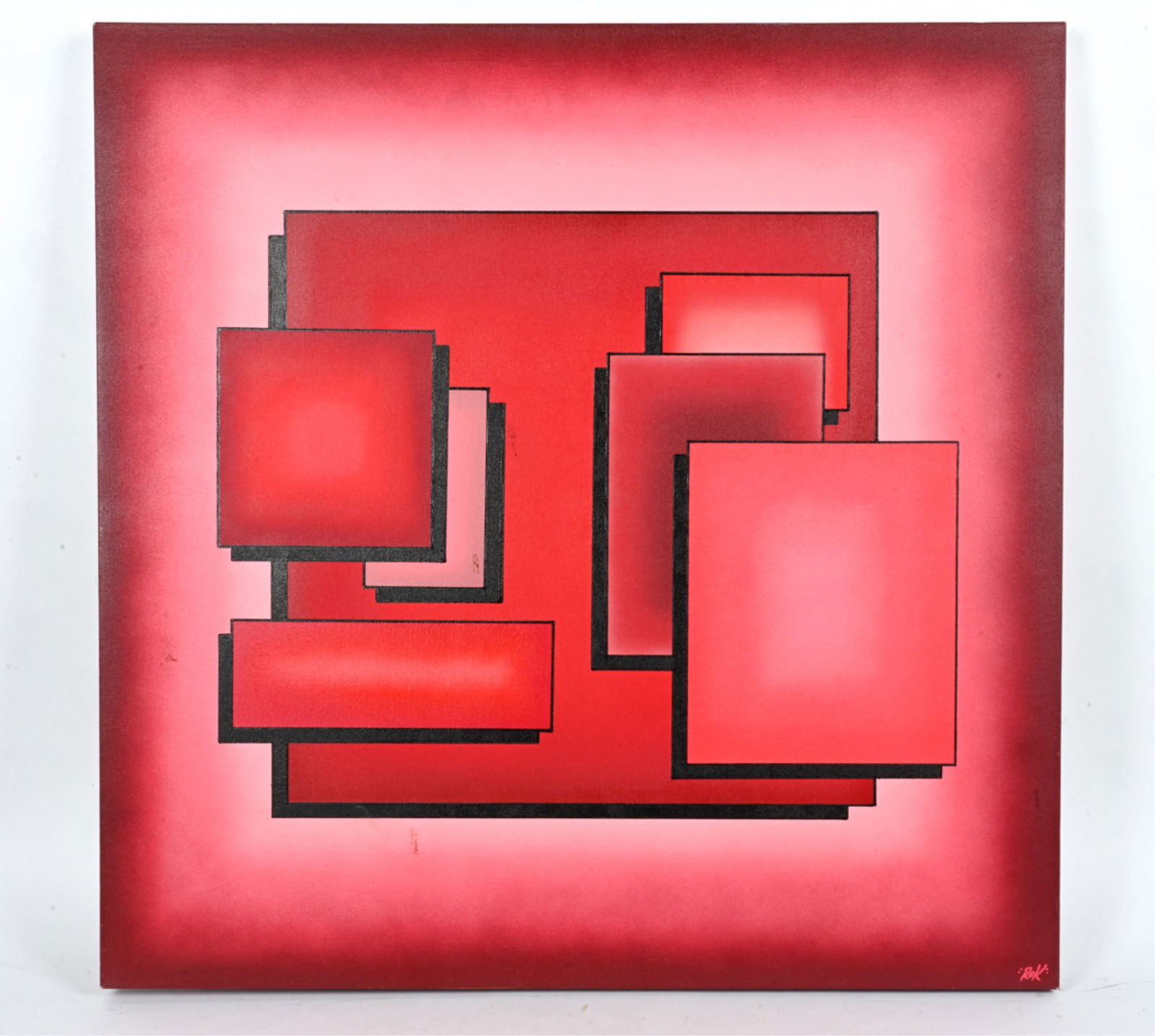 REK (B. 1964) STREET ARTIST OP-ART PAINTING: Rek Santiago, NY (b. 1964). "Relevance of Red". Spray paint and marker on canvas, 2007. Signed lower right. Titled, dated, and signed verso. Label on stretcher gives media. Dimensions: H 36" x W 36".