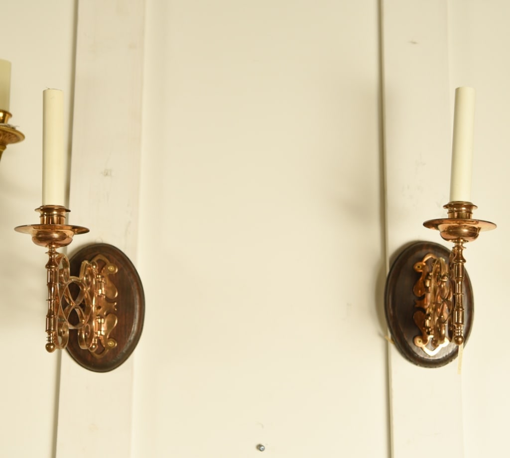 PAIR OF ANTIQUE BRASS SCONCES MOUNTED ON WOOD (1 of 4)