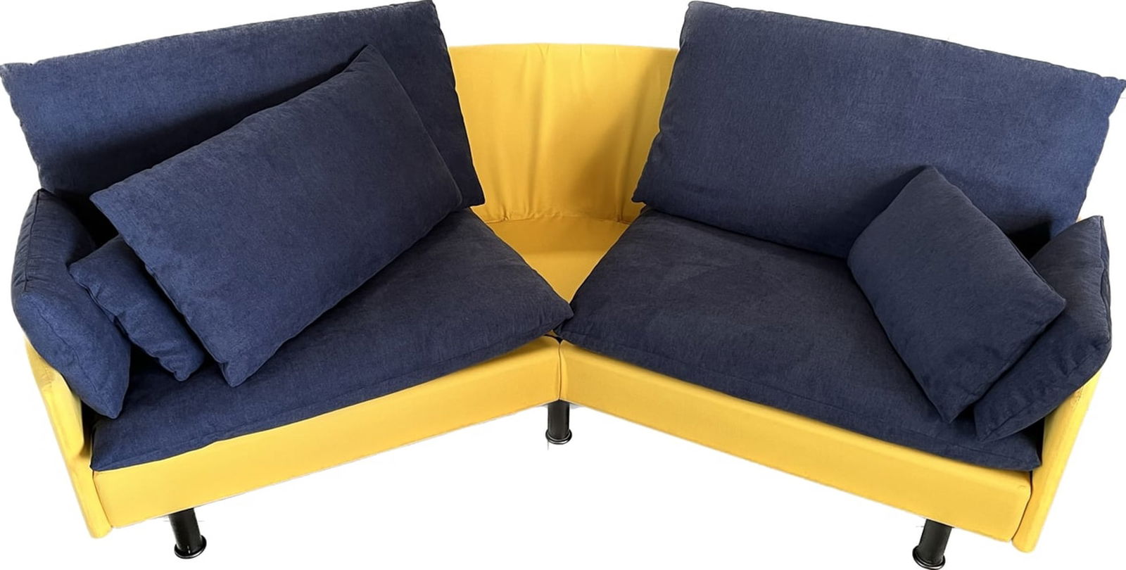 POST MODERN HINGED SOFA BY CASSINA: Modern Two-Seat Sofa with Adjustable Backrest Function by Cassina. It stands on a structured aluminum base. This designer sofa has adjustable backrest that creates the opportunity to place the sofa ev