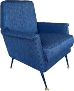 ARMCHAIR ATTRIBUTED TO GIGI RADICE FOR MINOTTI: Vintage Armchair attr. to Gigi Radice for Minotti. Reupholstered in blue fabric with metal brass legs. Dimensions: H 33.5" x W 29.5" x D 29" x SH 18.5" Condition: Like new.