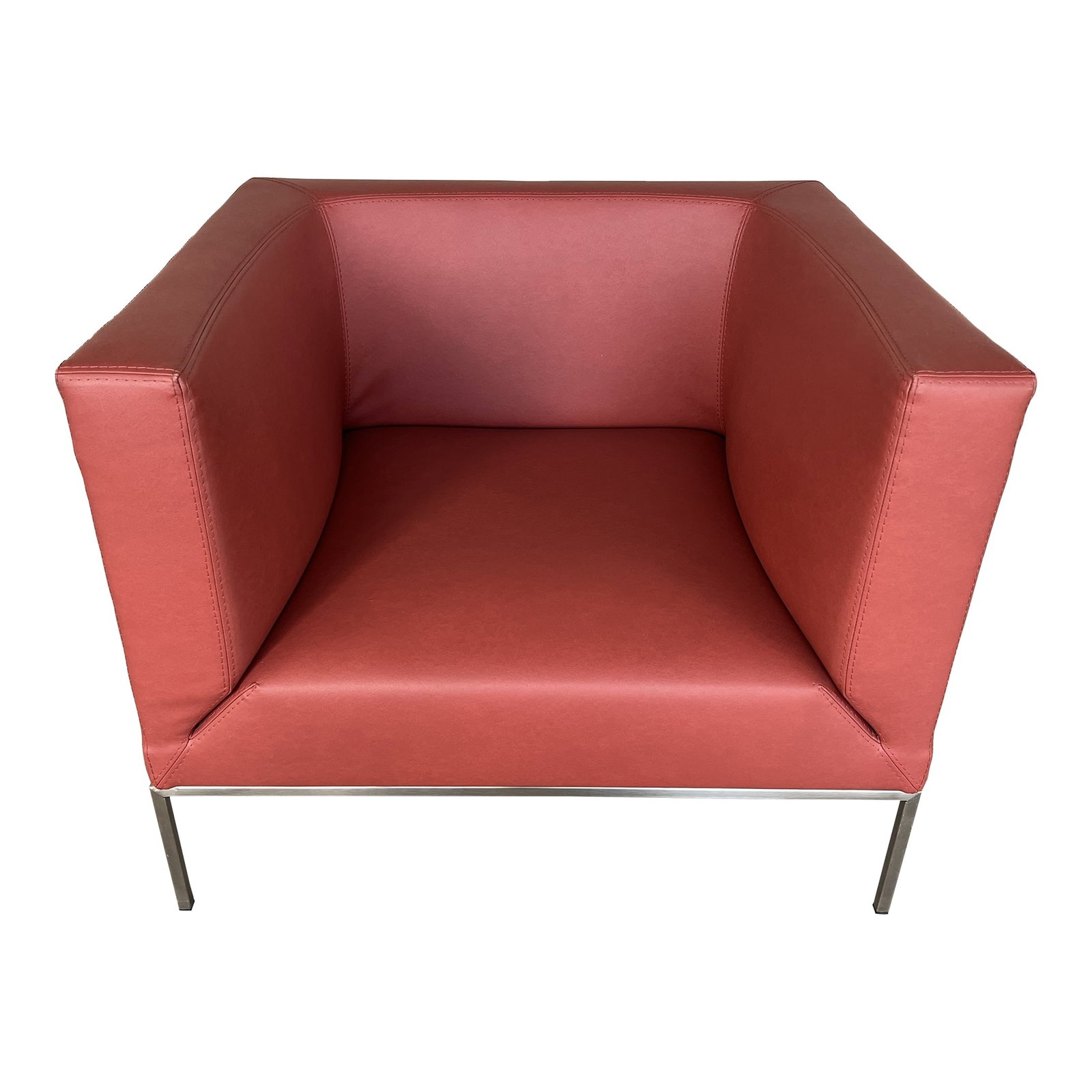 ORIGINAL PARRI (CASPARINI) ARMCHAIR BY MARCO MARAN: Italian Parri (Now Casparini) ON/OFF club lounge chair with Vintage red toned faux leather upholstery and steel base. The chair features a square-shaped structure with a deep seat along with elegantly