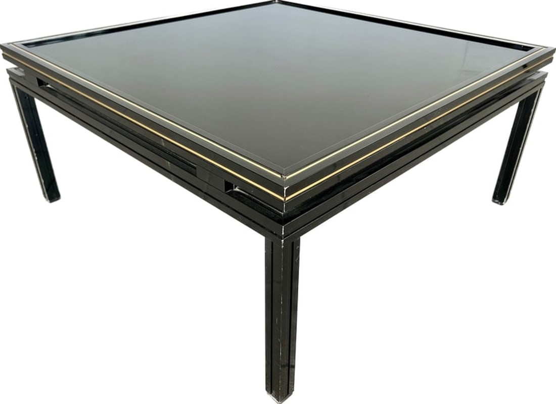 PIERRE VANDEL PARIS COFFEE TABLE: French Coffee Table by Pierre Vandel, produced in black aluminum, black glass top and brass inlays. Dimensions: H 13.3" x W 28.6" x D 28.6" Condition: Original vintage condition corresponding to age.