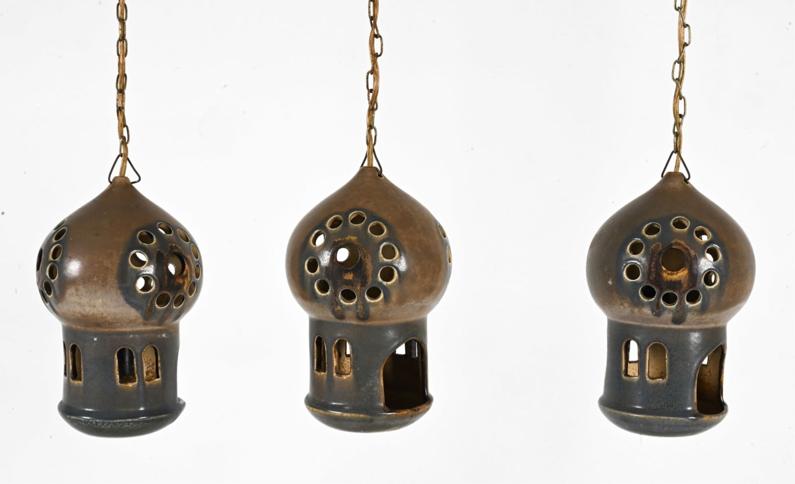 (3) JOSEPH SIMON SOHOLM STENTOJ POTTERY PENDANTS: Marked on undersides. Signed '1087 Simon'. Denmark, c. 1960's. Dimensions: H 10" x Dia. 5.25". Condition: Wiring not tested. No issues to note. DMD 100