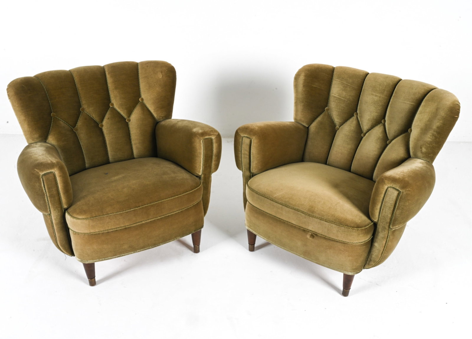 PAIR OF DANISH MOHAIR CLUB CHAIRS, C. 1950'S: With beech legs. Danish, circa 1950's. Dimensions: H 30" x W 33" x D 31.5" x SH 16.25." Condition: Wear expected from age and use. DMD 138
