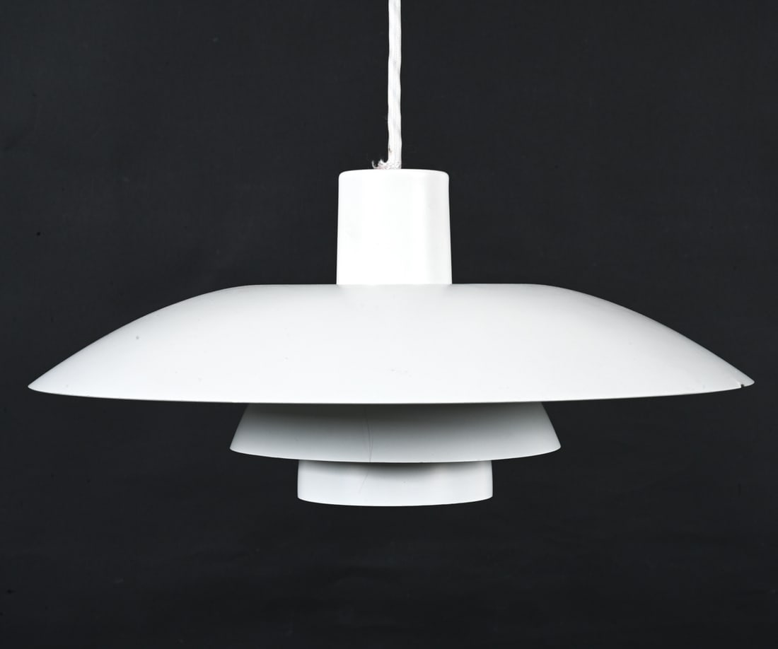 POUL HENNINGSEN LOUIS POULSEN PH 4/3 PENDANT: Denmark, c. 1970's. Dimensions: H 8" x Dia. 16.5". Condition: Wiring not tested. One small dent and finish loss to metal at edge of shade. Light wear consistent with age and use. B088