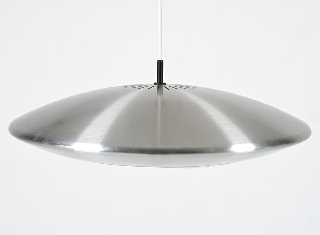 JO HAMMERBORG FOG & MORUP PENDANT LIGHT: Scandinavian Space Age UFO-style pendant lamp in brushed metal, with removable plastic diffuser. Designed by Jo Hammerborg for Fog & Morup. Denmark, c. 1970's. Dimensions: H 5" x Dia. 19". Condition: