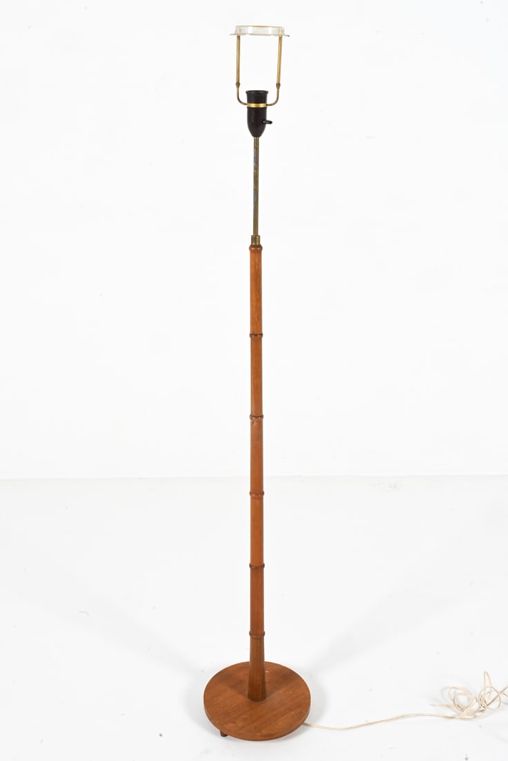 SCANDINAVIAN TEAK FAUX-BAMBOO FLOOR LAMP: Dimensions: H 60" x Dia. 10". Condition: Cord cut; will require rewiring. Area of discoloration on upper portion of wood stem. B045