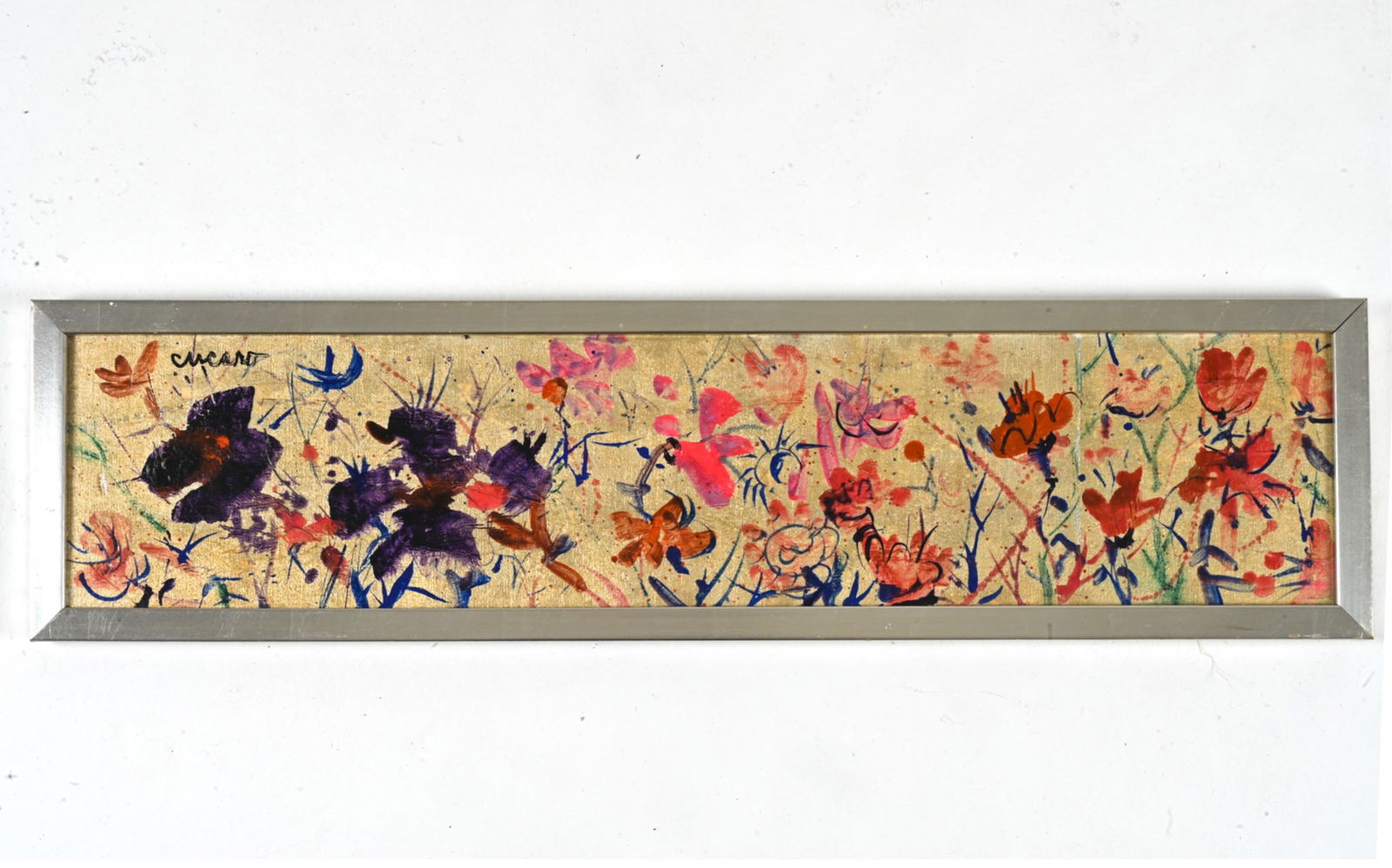 PASCAL CUCARO (1915-2004) SILVERED MIXED MEDIA: Medium appears to be oil paint and varnish over silvered canvas. Signed by artist in upper right corner. Dimensions: Frame H 9.75" x W 38". Canvas H 8" x W 36". Condition: Natural yellowing, a few sma