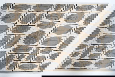 RAY KOMAI (1918-2010) 'CONTEMPORA SERIES' FABRIC: Titled 'Masks' on back edge. Printed images on fabric stretched around board. Dimensions: H 27.75" x W 17.5". Condition: Some fading and discoloration from age and display.
