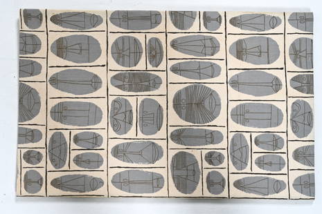 RAY KOMAI (1918-2010) 'CONTEMPORA SERIES' FABRIC: Titled 'Masks' on back edge. Printed images on fabric stretched around board. Dimensions: H 27.75" x W 17.5". Condition: Some fading and discoloration from age and display.