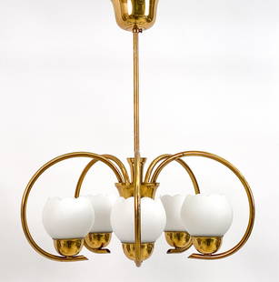 MID-CENTURY SWEDISH ATELJE LYKTAN CHANDELIER: Vintage brass and glass chandelier in the style of Hans Bergstrom. Manufactured by Atelje Lyktan. Dimensions: H 18" x Dia 16" Condition: Minor surface wear, scratches and tarnish consistent with age a