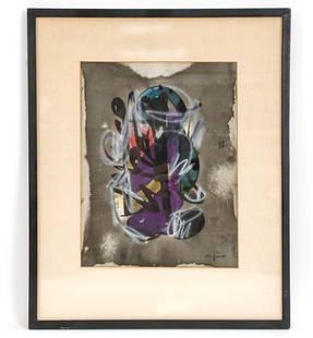 LADISLAS KIJNO (1921-2012) ABSTRACT ON PAPER: Mixed media on paper. Signed lower right. Dimensions: (Frame) H 19.25" x W 15.75" (Sight) H 12.5" x W 9.5" Condition: Slight age toning to edges of paper, age toning to mat. Small damages to the frame